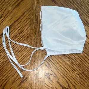 White bonnet baptism toddler baby hat with pearl detail and tie